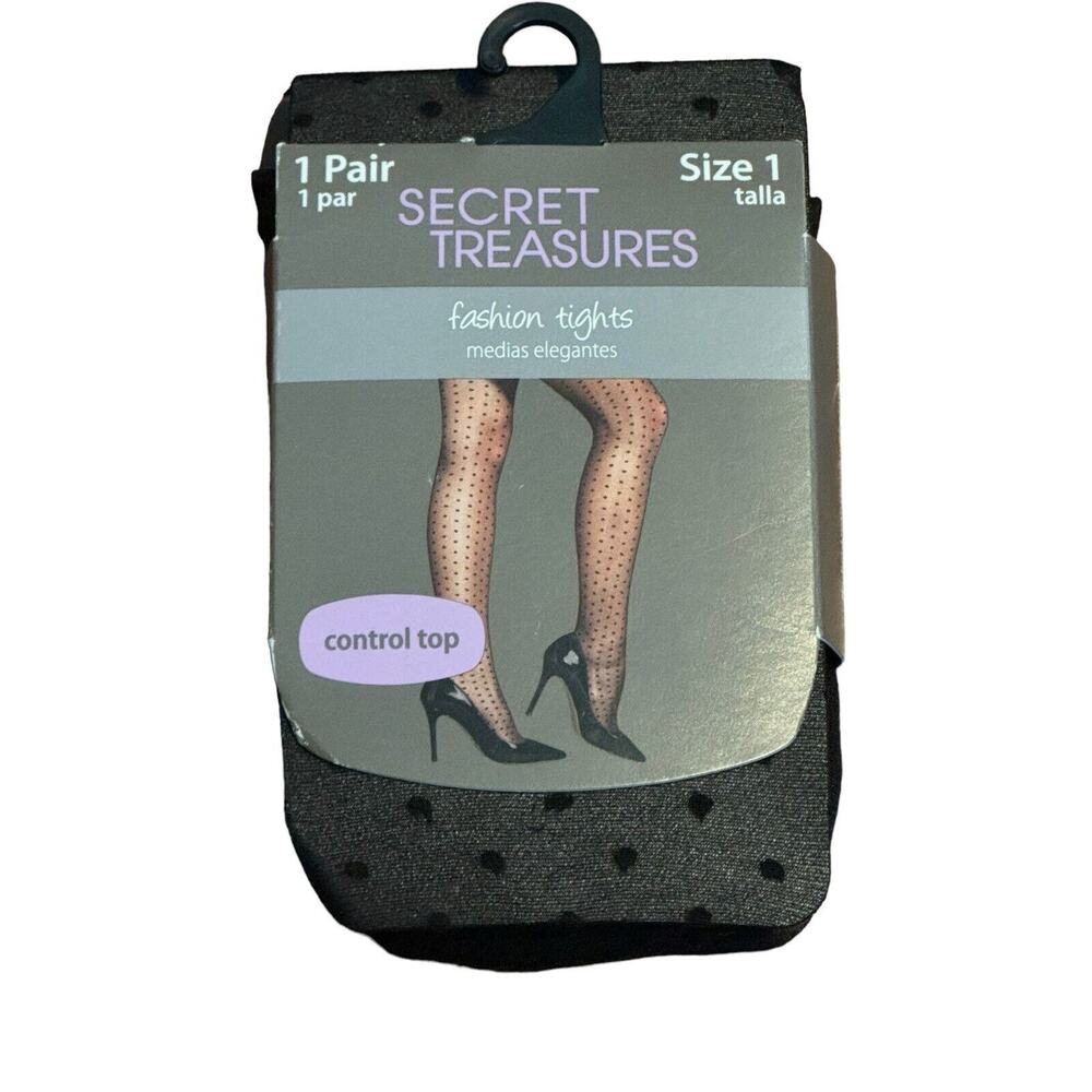LADIES SECRET TREASURES CONTROL TOP BLACK NYLON SHEER W/BLACK DOTS HOSE SZ 1 NIP